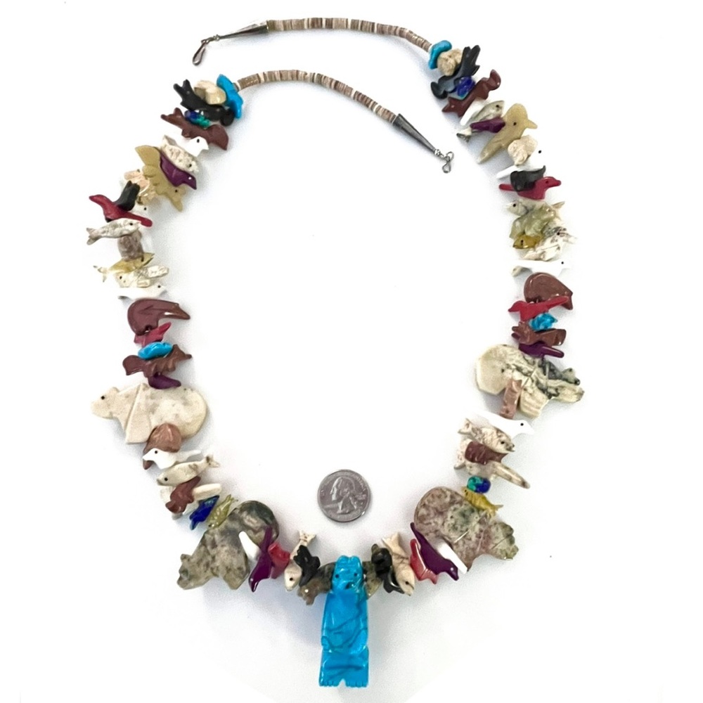 Vintage Zuni, Mutlistone Stacked Fetish & Turquoise Bear Pendant 35” Necklace